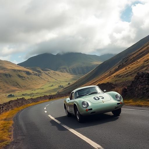 Sports car cornering on Welsh mountain road